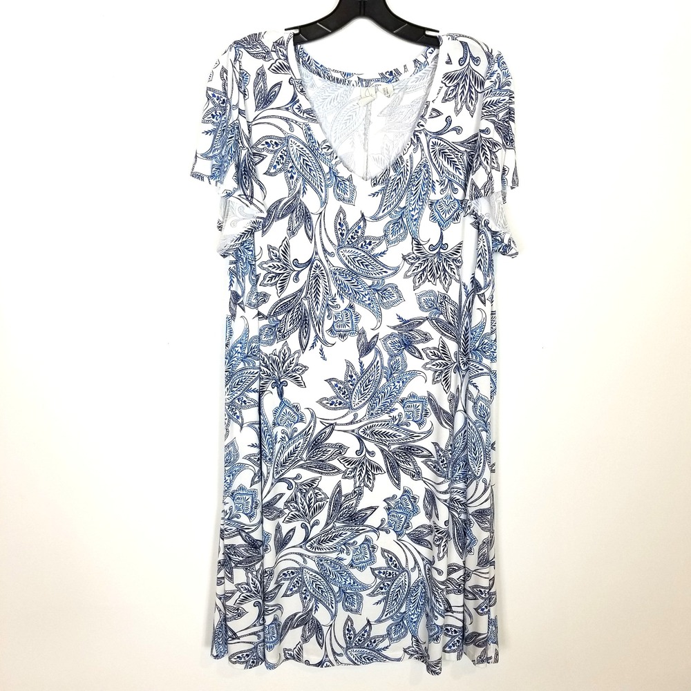 Joie Women Slinky Paisley Print Short Sleeve Shirt Dress Sz 1X Blue White